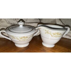 M Fine China Japan Beverly 3118 Creamer & Sugar Set White Gold Floral Porcelain